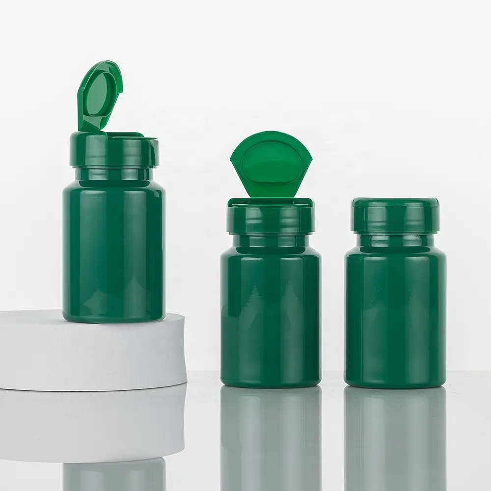 מזון כיתה ירוק 100cc PET פלסטיק ויטמין גלולת בקבוקי לעיסת מסטיק בקבוק עם flip
