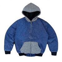 Blouson en jean à capuche personnalisé pour homme, avec fermeture éclair, coupe ample, patchwork en tweed contrastant, style streetwear vintage délavé pour l'automne