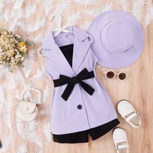 Set estivo da ragazza: bretelle con bretelle piccole e medie + <span class=keywords><strong>Shorts</strong></span> + Blazer senza maniche + cappello Set di quattro pezzi - Product Image 3