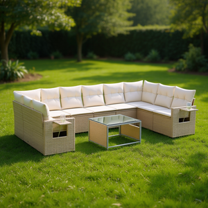 Beige Pe Rattan Garden <b>Sofa</b> <b>Set</b> With Tempered Glass Outdoor Furniture Contemporary Design - Product Image 2