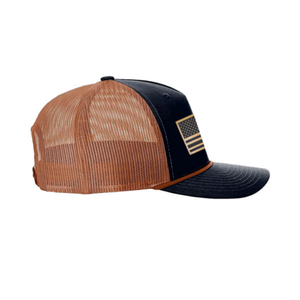 Sombrero de camionero de 6 paneles con logotipo de parche de cuero con bandera americana personalizada OEM 112 de verano para hombre, gorra de caza al aire libre para hombre - Product Image 4