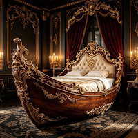 Meubles de chambre à coucher de style rococo français, lit en bois massif sculpté à la main de style bateau pirate, lit en bois classique américain de taille king