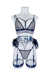 Conjunto de Lencería Sexy para Mujer, Bralette de Rejilla Erótica, Tanga Plateada, 3 Piezas, Diseño Hueco con Plumas - Product Image 5