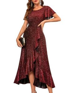 <span class=keywords><strong>Robe</strong></span> de soirée élégante noire à sequins pour <span class=keywords><strong>femme</strong></span>, col rond, manches à volants, coupe asymétrique, longueur midi, idéale pour <span class=keywords><strong>cocktail</strong></span> et <span class=keywords><strong>mariage</strong></span> - Product Image 3