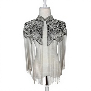 Women's COTTON COUTURE <b>Silver</b> Crystal Beaded Floral Polyester Shoulder <b>Cape</b> with Fringe Collar Wedding Party Wrap - Product Image 1