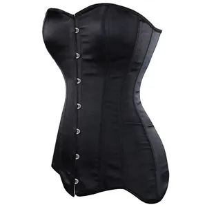 Steel Boned Body Lifter Slimming Sheath Burlesque Woman Overbust Long Line Black Satin Waist Training Corsets