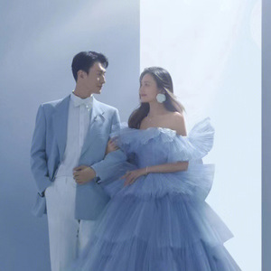 Strapless Light Wedding Dress Empire Waist Ball Gown Tulle Bright Steel Blue For Studio Photography Couple Portrait - Product Image 3