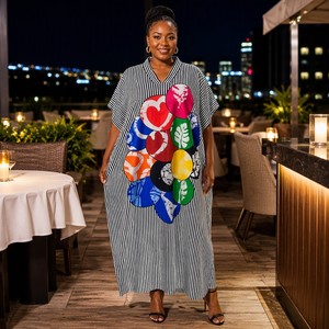 Robe <span class=keywords><strong>Africaine</strong></span> Grande Taille pour <span class=keywords><strong>Femme</strong></span>, Modèle Kafatan Boubou, Imprimé Rayé Abstrait, Tenue Traditionnelle Ethnique, Vente en Gros - Product Image 2