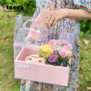 Tondo Clear PVC Party Gift Box Flower Bouquet Hand Bag Transparent Florist Planter Cake Carry Bags