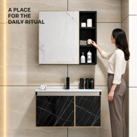 Meuble-lavabo de salle de bain suspendu en aluminium alvéolé, motif marbre, style luxe moderne, avec vasque, armoire miroir et étagères de rangement ouvertes