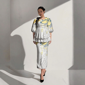 Customized Design <b>White</b> <b>Ladies</b> Samoan Print Polynesian Puff Half Sleeve Long Maxi Dress Back Slit 2 Piece Polyester - Product Image 2