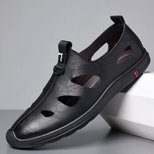 Men's Round Toe Leather Sandals <b>Slip</b>-On Summer Sporty Style Rubber Outsole EVA Midsole Solid Color PU Lining - Product Image 1