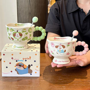 Cute Puppy <b>Ceramic</b> <b>Mug</b> Green Pink Cartoon Design With Handle And Spoon For Girls Couples Home Use Spring 2025 - Product Image 4