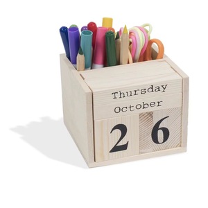 Wooden Pen Holder With Calendar Function Square Desktop Storage Box <b>Office</b> <b>Supplies</b> - Product Image 1