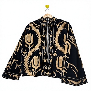 Black <b>Velvet</b> Embroidered Floral Print Blouson <b>Jacket</b> <b>for</b> <b>Women</b> Stand Collar Full Sleeve Zip-Up Spring/Summer Outerwear Bohemian - Product Image 3