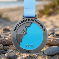 Médailles Métalliques Personnalisées en Alliage de Zinc Plaqué Argent avec Logo Émaillé 3D, Design Course Côtière, Médaille de Demi-Marathon 13,1 km pour Coureurs Plébiscités