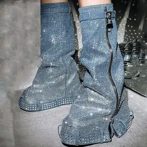 SHIKOL, botas de tiburón con diamantes de imitación para mujer, tacones de cuña de mezclilla azul, zapatos con cierre plegable de diamantes, botas hasta la rodilla con diamantes de imitación personalizadas para mujer