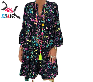Europe and the United States women's new fashion printed sleeve dress ruffled <b>plus</b>-<b>size</b> loose dress - Product Image 1