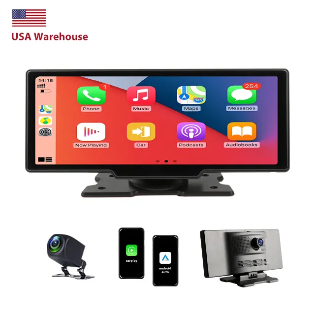 (EU/US Stock) 10.26" Portable CarPlay Android Auto Rear Camera Monitor Screen 4K Dash Cam DVR Car DVD Player Radio BT GPS FM