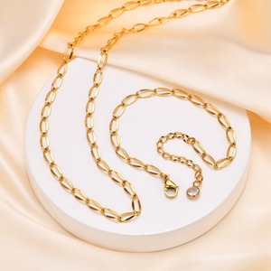 Gioielli in acciaio inossidabile placcato oro 18K impermeabile classico permanente Fiargo cerchio ovale maglia collana bracciale Set - Product Image 2