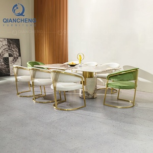 QIANCHENG Bộ Bàn Ăn Đồ Nội Thất Gia Đình Bằng Thép Ss Bộ Bàn Ăn Đá Cẩm Thạch Thạch Anh Bán Buôn 6 Ghế Màu Vàng Kim - Product Image 3