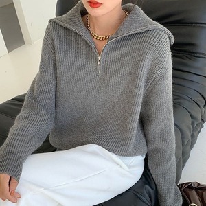 Suéter de punto holgado con cremallera para mujer, colores blanco roto, gris, negro, rosa, caqui, azul, camel, talla única, cuello polo, estilo japonés y coreano - Product Image 4