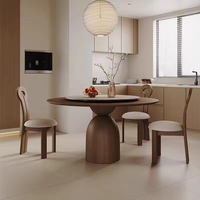Set Meja Makan Bulat Kayu Solid Vintage Modern dengan Finishing Walnut 6 Kursi untuk Keluarga Kecil atau Apartemen