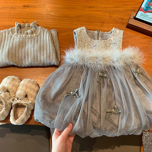 Tongxingyuan Princess Dress For Girls With Fleece Lining Sweetheart Neckline Thickening Solid Color Childrens Outfits - Product Image 3