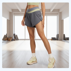 Shorts de yoga taille haute à blocs de couleur, anti-exposition, deux pièces, avec poche ventrale, respirants, séchage rapide, pour le sport et le fitness - Product Image 2