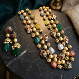 Conjunto de collar de perlas multicolor de 3 capas, joyería india para bodas, aretes, conjunto de joyería de moda nupcial para mujer - Product Image 4