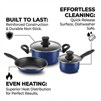 Ensemble de casseroles antiadhésives en acier au carbone de 1,0 mm, 4 pièces, personnalisé OEM, avec couvercle en verre, compatible induction et gaz