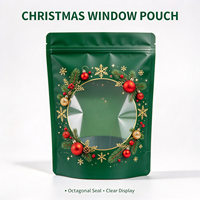 Pochette vert de Noël à fenêtre transparente, sac d'emballage réutilisable à fermeture éclair imprimé couronne de Noël pour bonbons et cadeaux