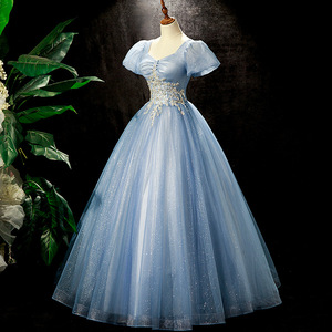 Women Long Skirt Gray Blue Polyester Stage Performance Dress With Embroidery For Solo Performance Coming Of Age Ceremony - Product Image 4