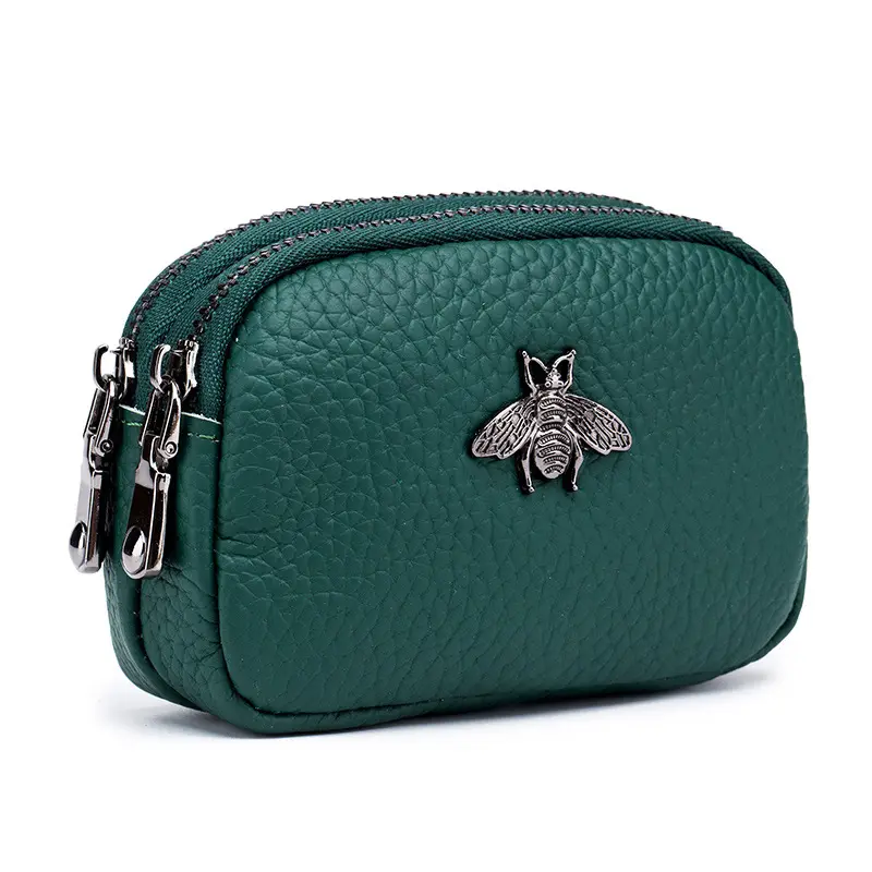 Mini Luxury Cute Metal Bee Genuine Cow Leather Double Zipper Coin Cluth Purse, Small Change Pouch Wallet for Women