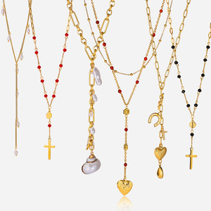 Layered Gold Tone Necklace <b>With</b> <b>Cross</b> Heart Pendant Y <b>Chain</b> Design Multi Strand Jewelry Unisex Fashion Statement Piece - Product Image 1