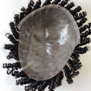 Cổ phiếu nhà máy tùy chỉnh chân tóc handmade 1B màu tóc thật của con người mảnh <span class=keywords><strong>Jerry</strong></span> Curl 0.06mm mỏng da PU cơ sở toupee cho nam giới - Product Image 3