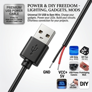 High Quality 5V <strong>USB</strong> <strong>2.0</strong> <strong>a</strong> Male to Open Stripped Bare 2 Pin Wires End Pigtail Cable for LED Light Strip Lamp Fan - Product Image 1