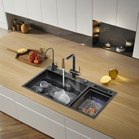 Robinet multifonction noir Nano Cascade pour évier de cuisine Grande laveuse de tasses Distributeur de savon en acier inoxydable 304