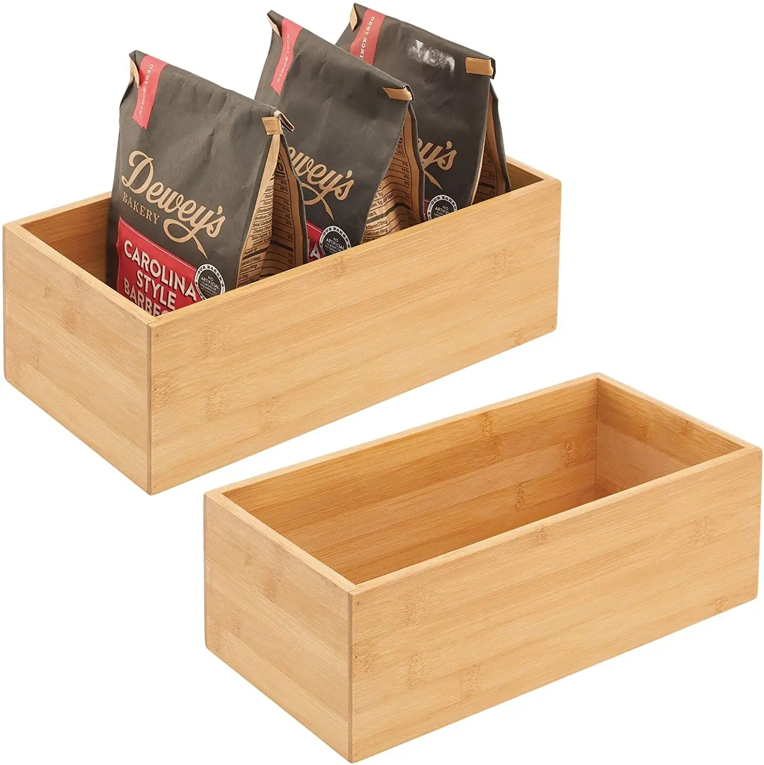 Bamboo Wood Organizer Storage Bin Box for Kitchen, Pantry, and Drawer Organization; Holder for Snacks, Juice Boxes, Utensils, Te
