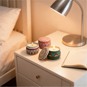 ชุดเทียนหอมลายแมนดาลาสีสันสดใส Oshine, เทียนอโรมาในภาชนะดีบุกสำหรับสร้างบรรยากาศอบอุ่นในบ้านและตกแต่งห้อง - Product Image 1