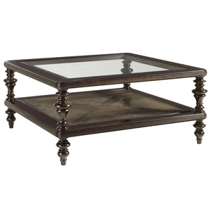 Table basse de salon moderne de luxe en bois foncé avec étagère en osier tressé, structure en bouleau, plateau en verre, durable, pour appartement - Product Image 1