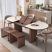 Table à manger ovale extensible moderne en pierre frittée avec base en bois massif, pliable et extensible, 8 places, pour la maison, l'hôtel, la villa