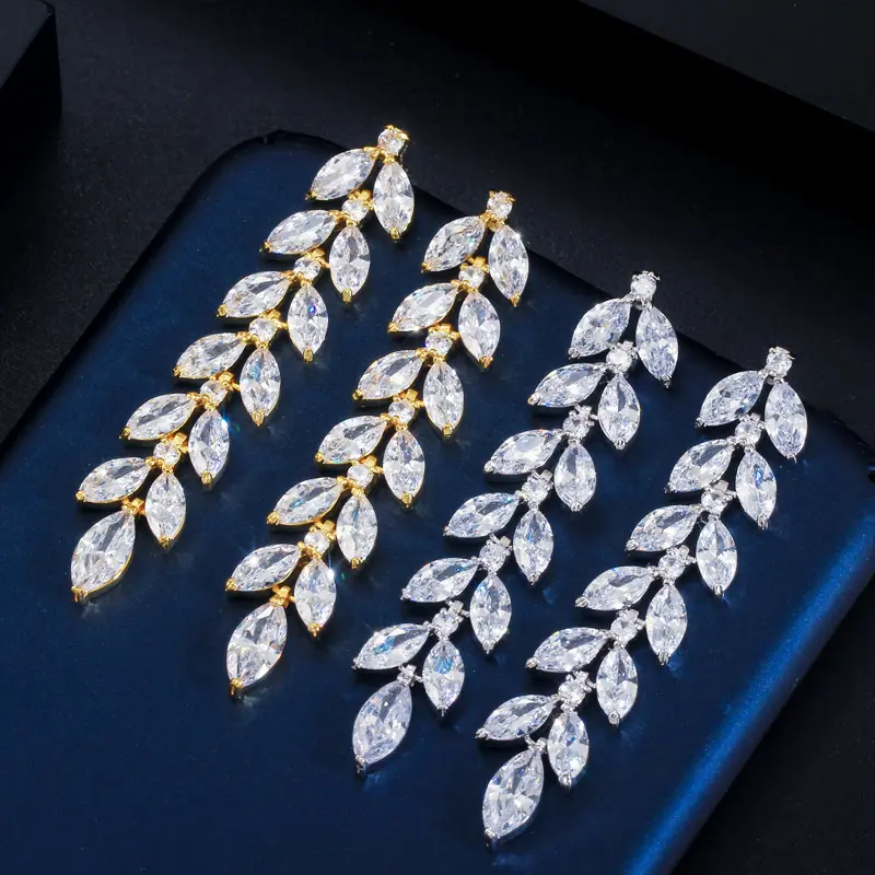 Quality Marquise Cut Cluster CZ Cubic Zirconia Crystal Long Dangle Leaf Earrings Yellow Gold Bridal Wedding Jewelry for Women