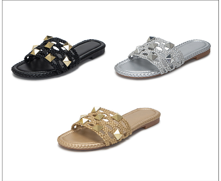 2023 Woven Hollowed Out Flat Slippers Fashion Rivets Outdoor Slippers Women Beach Slides