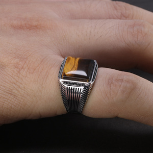 Cincin perak Sterling 925 pria, perhiasan cincin pria mata harimau pola garis batu alami keren Retro Punk kustom - Product Image 6