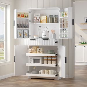 Armoire de cuisine cannelée de 72 pouces avec 3 tiroirs pour claviers, 6 portes et étagères, blanche, autoportante, modèle de rangement ajustable - Product Image 1