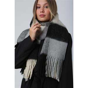 Écharpe rayée crème et gris anthracite automne-hiver Sal1270 – Écharpe longue et douce à pompons, style uni - Product Image 1