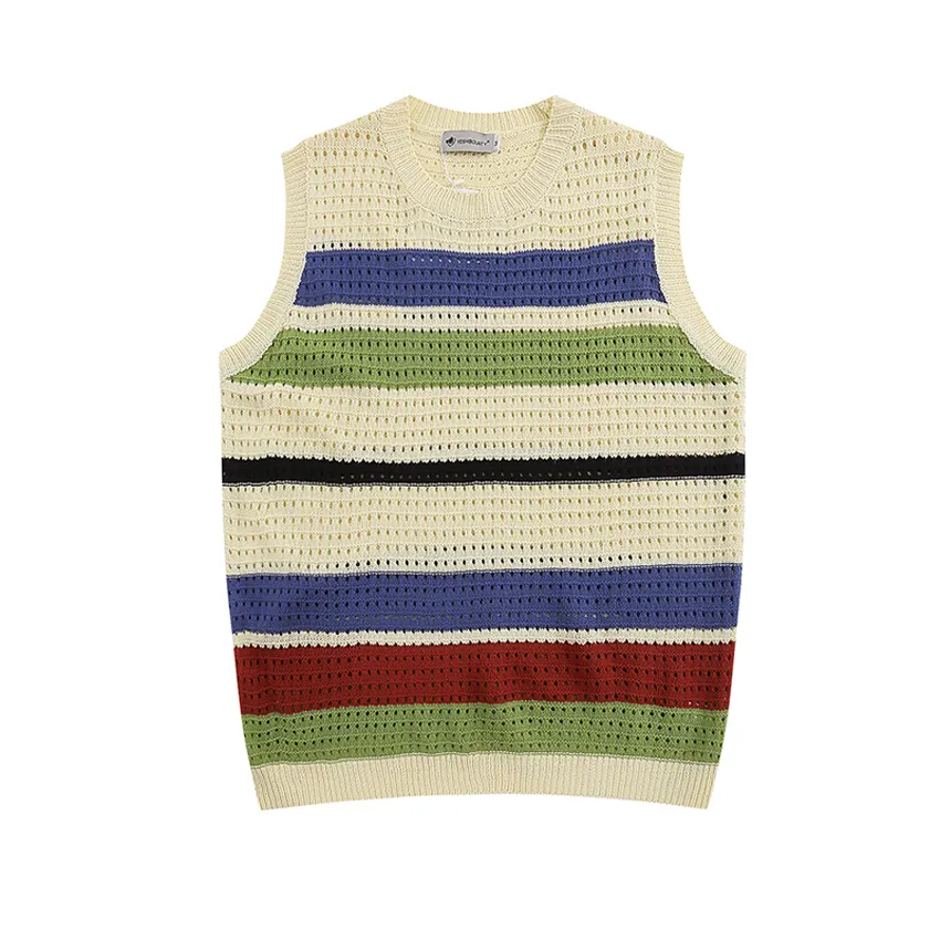 Custom men sweaters fashionable hollow out colored stripes sleeveless design spring summer man's sweater