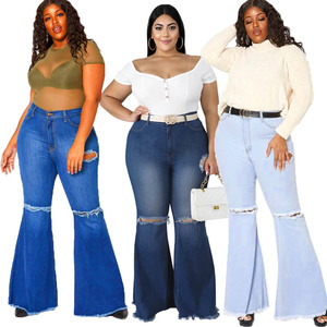 Jeans de Mezclilla Ajustados con <span class=keywords><strong>Campana</strong></span> y Desgarros para Mujer, Talla Grande 5XL - Product Image 1