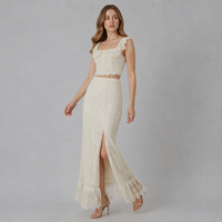 Ensemble 2 pièces en dentelle pour femme : Crop top à col carré et volants, jupe longue sirène fendue taille haute, coupe ajustée à la cheville – Tenue de vacances élégante